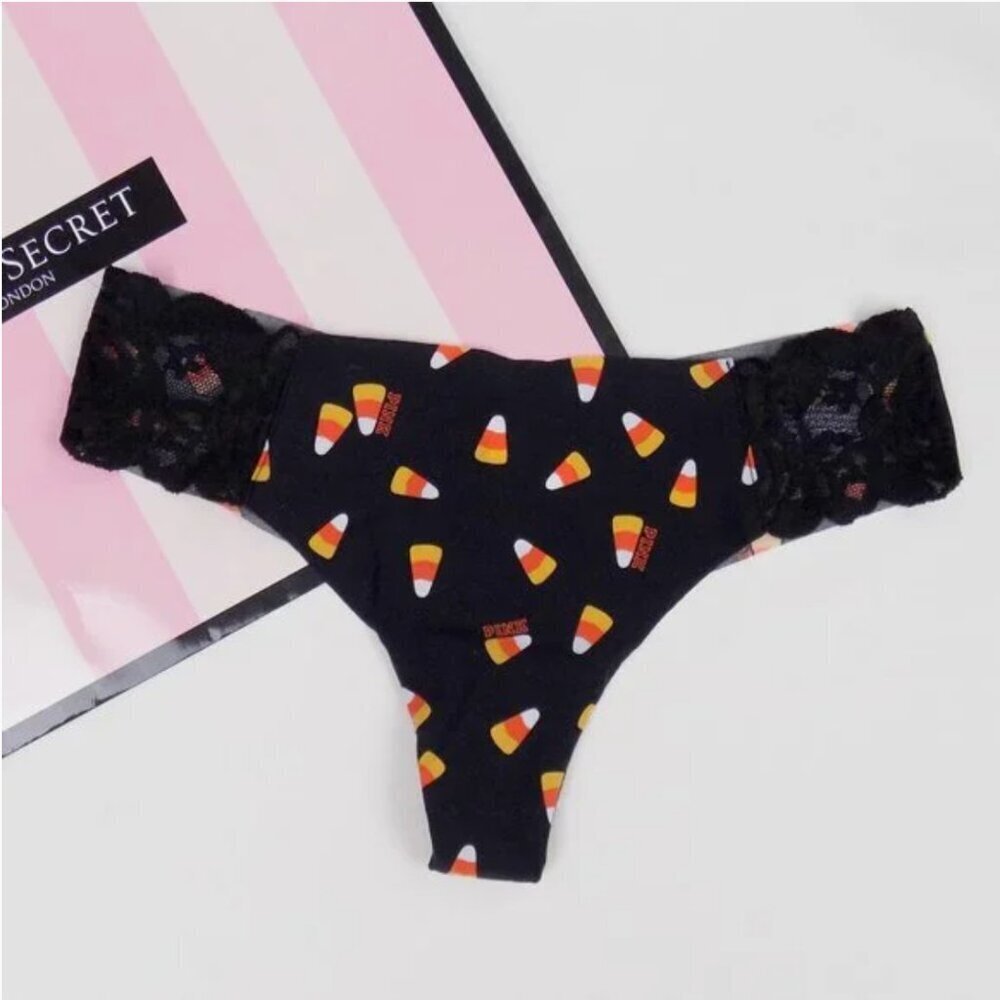 new! victoria's secret VS PINKno show seamless thong cheeky candy Halloween lace